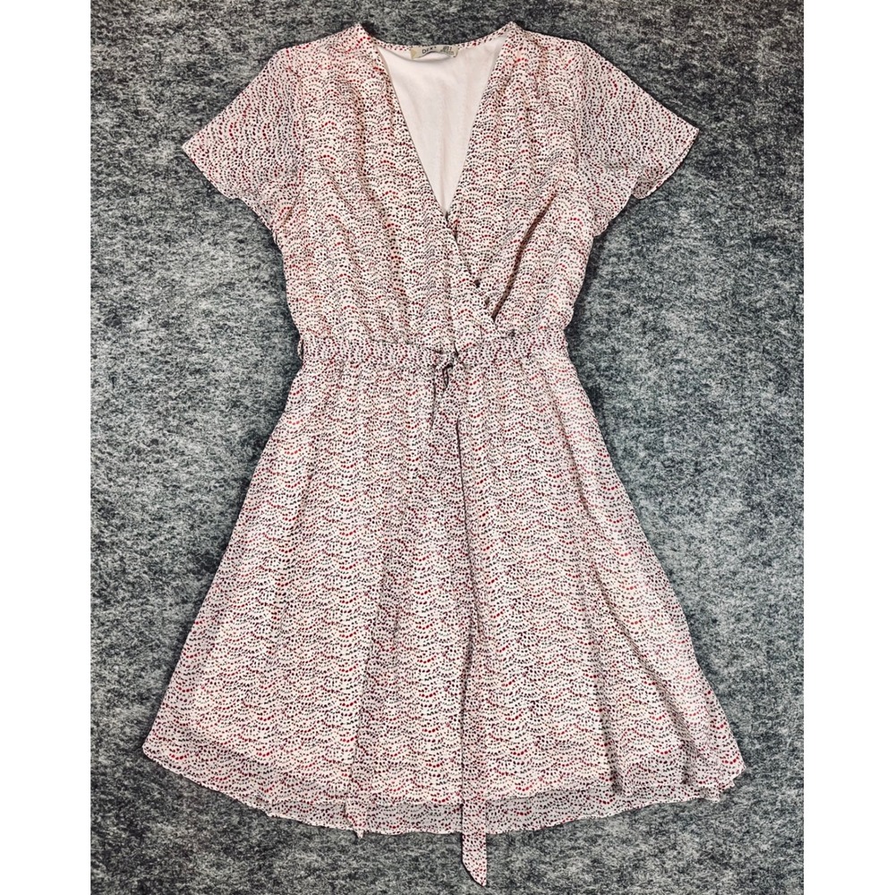DEX‎ Faux Wrap Dress Women S White Red Floral Chiffon Feminine Romantic Summer